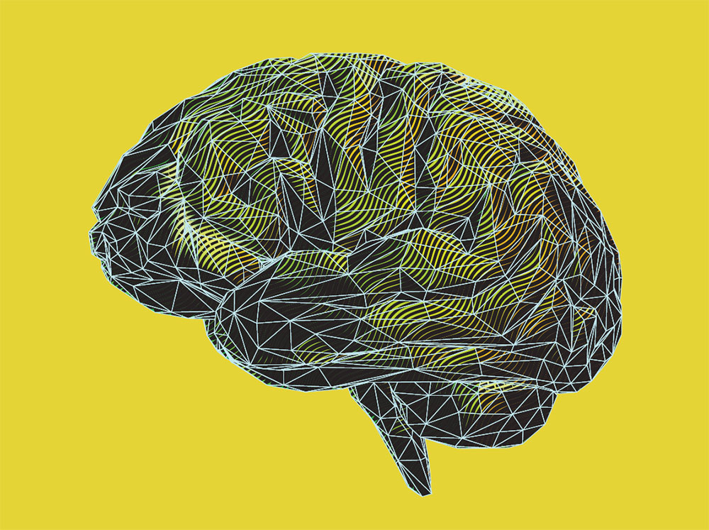 an illustration of the human brain with colorful geometric overlay set on a yellow background