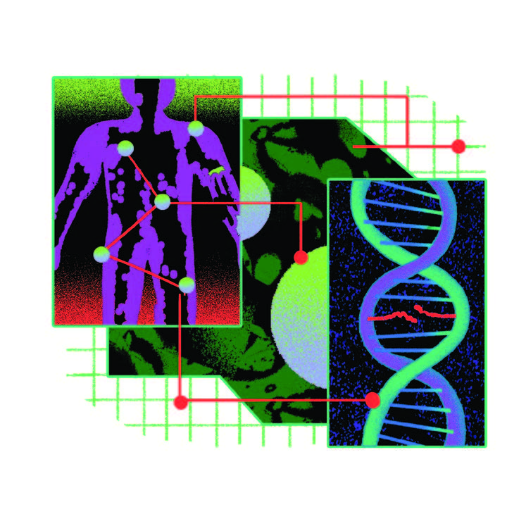colorful medical illustration of a human and DNA strands