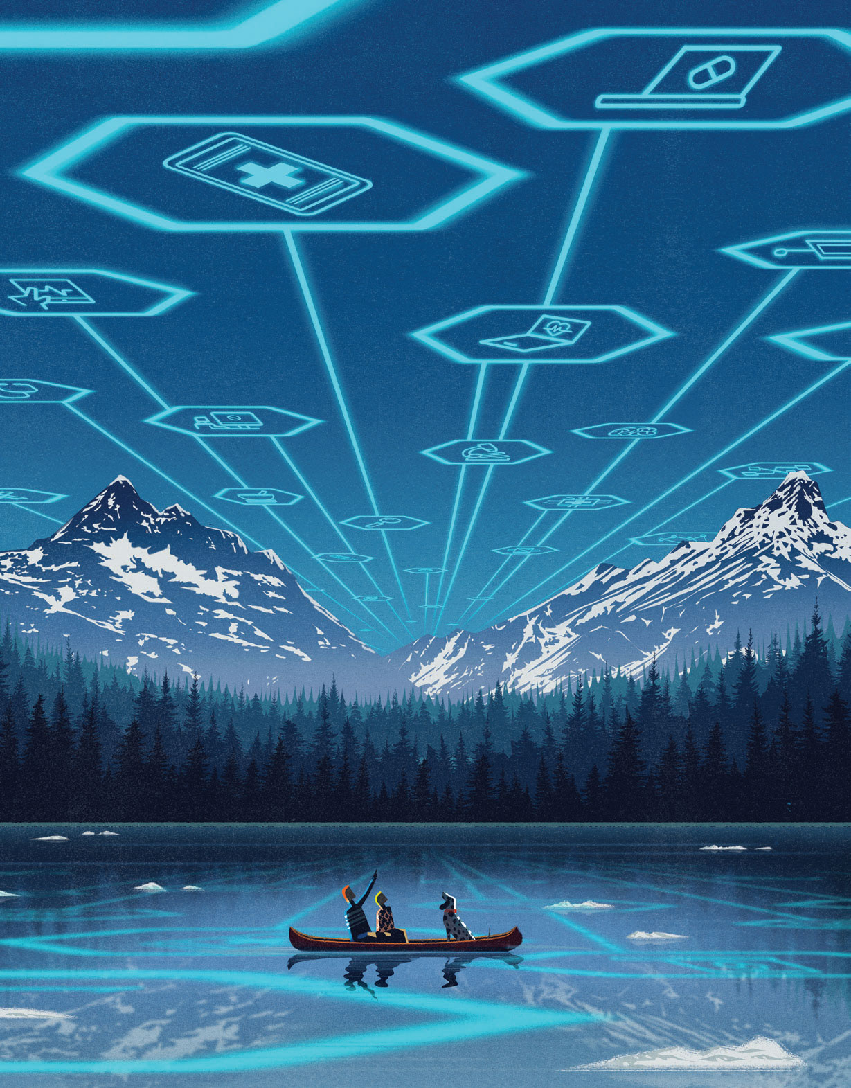 telehealth application icons are projected over the scene of a family sitting in a canoe on a lake with trees and snowy mountains