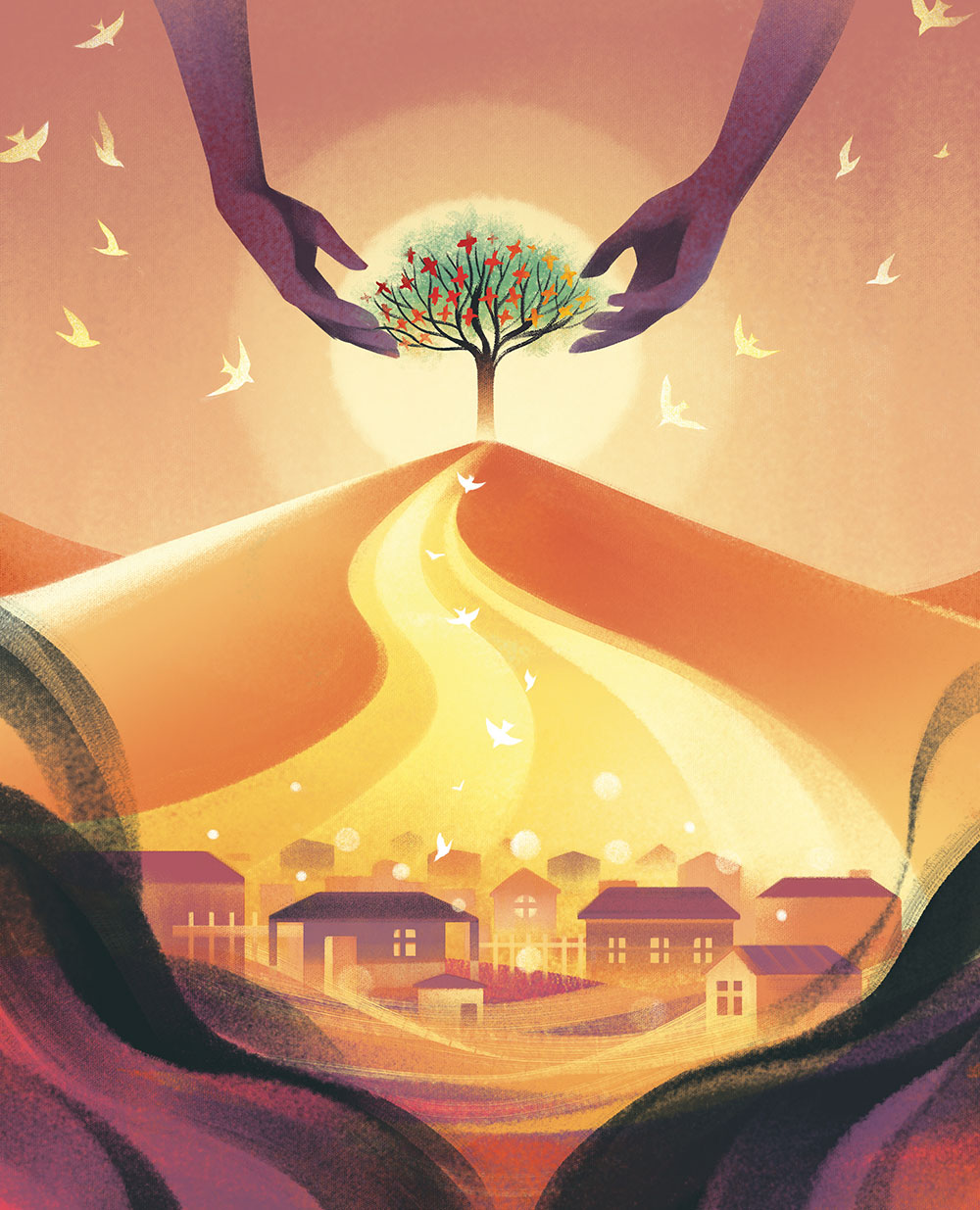 Illustration of two hands holding a tree on a hill above a small village. 