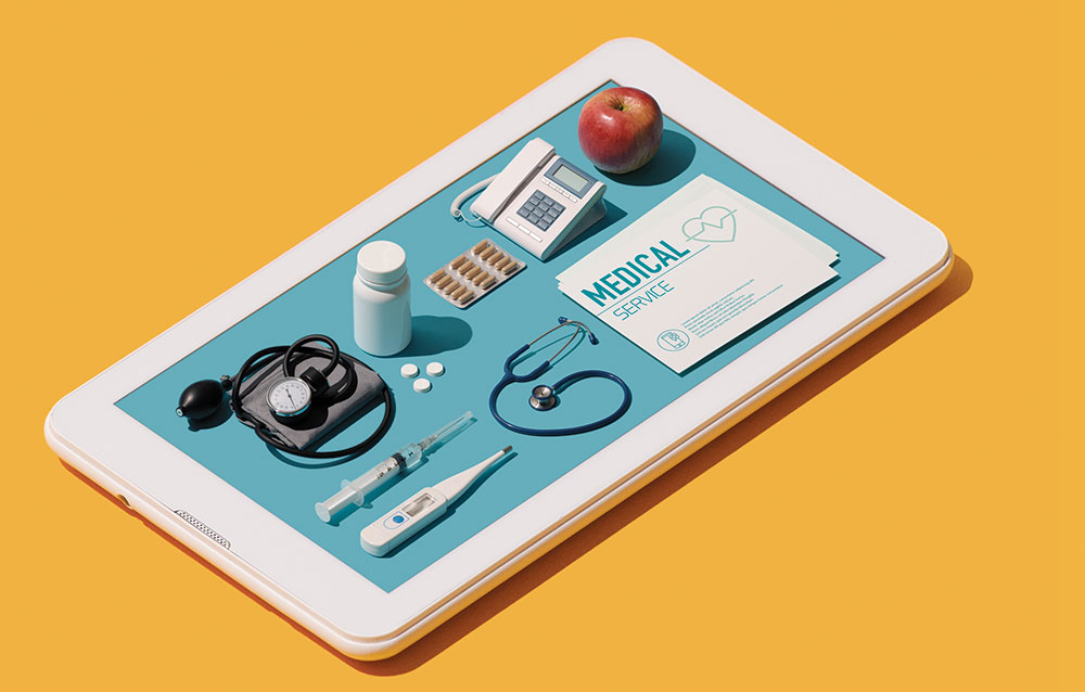 A stylized picture of a digital tablet with medical instruments and accessories on top of it.