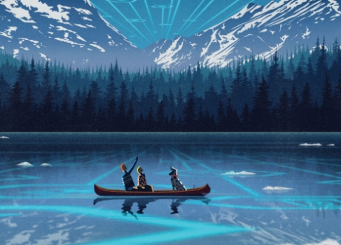 Telehealth application icons are projected over the scene of a family sitting in a canoe on a lake with trees and snowy mountains.